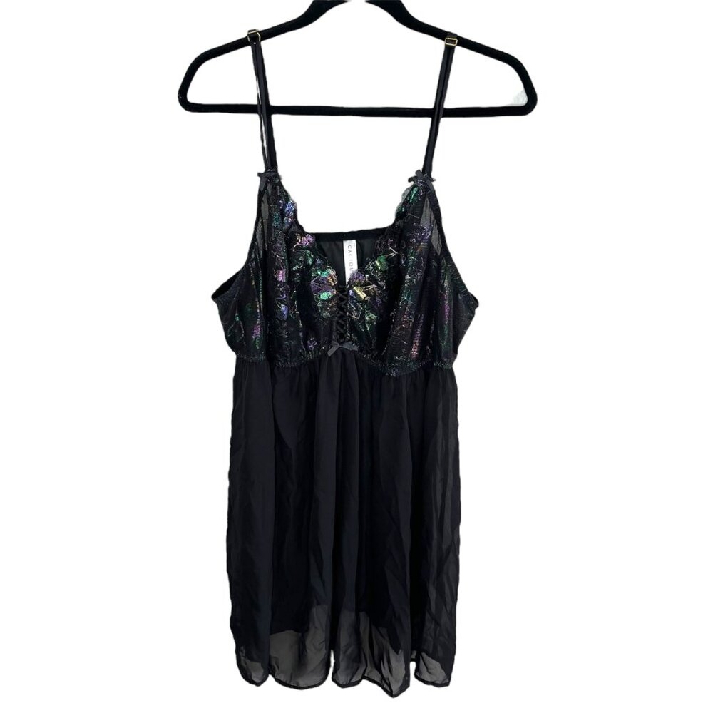 Cacique Lane Bryant Plus Size Rainbow Iridescent Sheer Black Babydoll Chemise 22